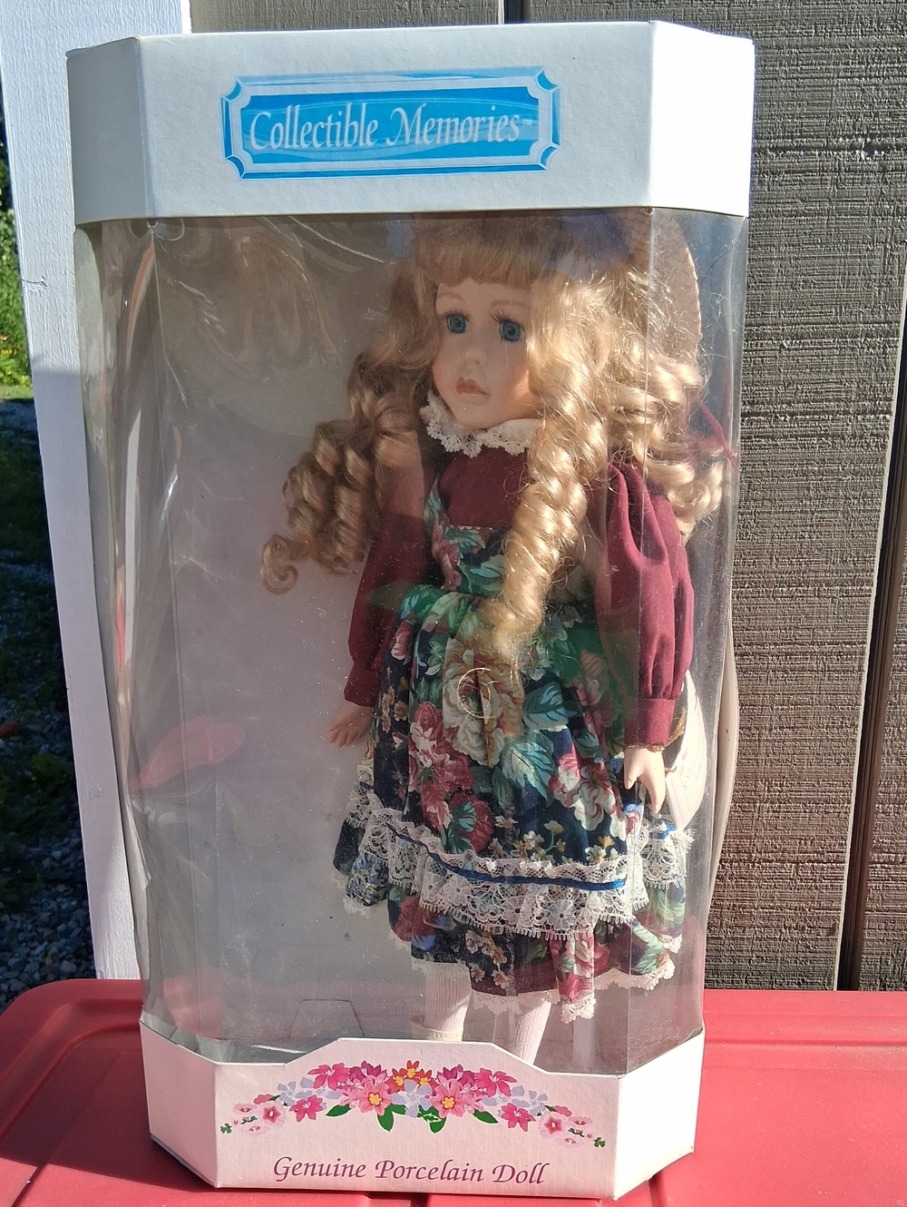 Collectible Memories Genuine Porcelain Doll - Floral Dress & Burgundy Top